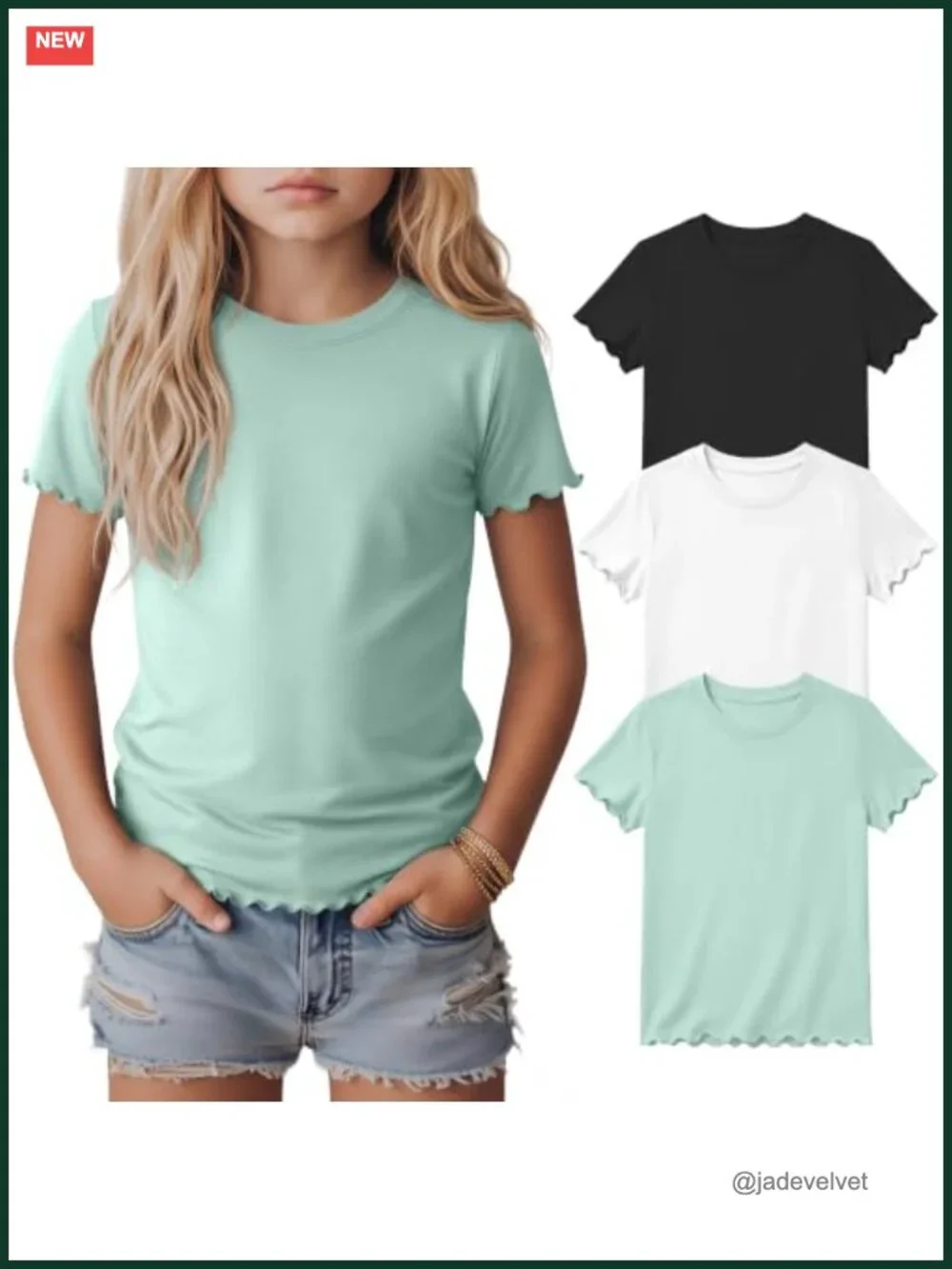 Girls 3 Pack Short Sleeve Crew Neck T Shirts with Lettuce Trim Tops